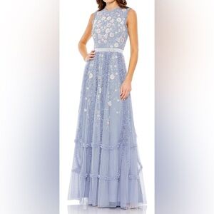 Embroidered, high-necked, beaded ruffled gown.  Slate blue. Size 10. Mac Duggal